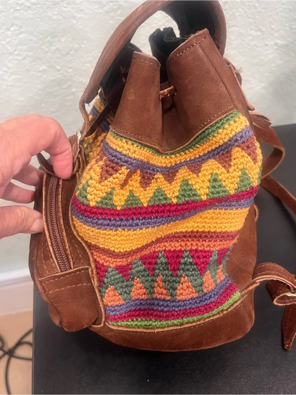 Handcrafted Multicolor Knit & Brown Suede and Leather Women's Small Backpack